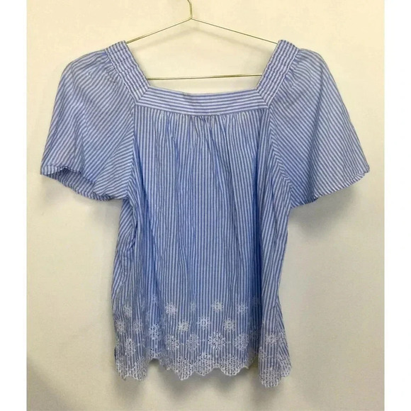 LOFT Womens Light Blue White Striped Embroidered Eyelet Square Neck Blouse Small - Picture 2 of 9